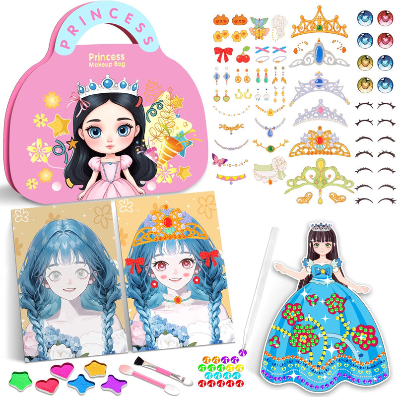 CL FUN Art Craft Activity for Kids 3-in-1 Paper Craft Kits Foil Art Dress Up Sticker Books with Princess Makeup Diamond Painting for Girls Ages 4 5 6 7 8 9+ Year Old | Girls Toys