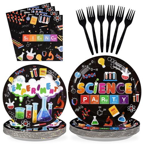 96 Pcs Science Party Supplies 350 GSM Science Plates and Napkins Disposable Tableware Set Mad Scientist Dinnerware for Kids Little Scientist Decoration Favors Serves 24