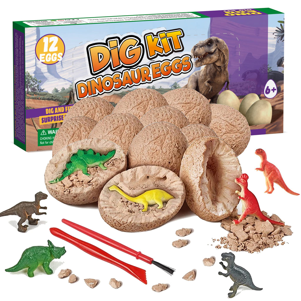 Dino Eggs Dig Kit 12 Pack Dinosaur Eggs Excavation Science Experiments Kits for Kids 4-12 Easter Basket / Stocking Stuffers Toys for 3+ 4 5 6 7 8 9 10 Year Old Boys Girl