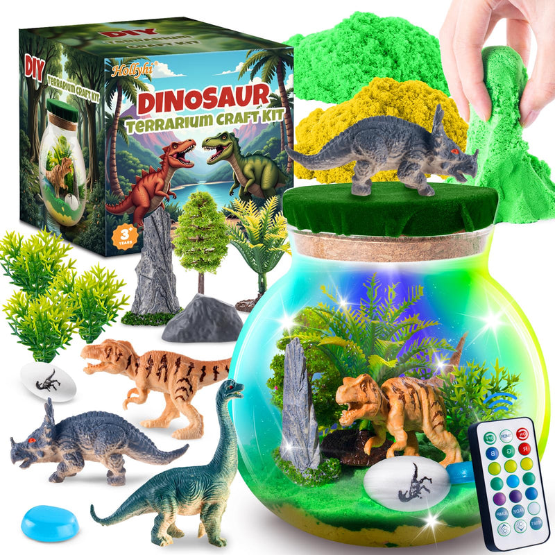 Hollyhi Light Up Terrarium Kit for Kids DIY Dinosaur Toys for 3 4 5 6 7 8 9 10 11 12 Year Old Girls Boys Night Light Dinosaur Terrarium Kit Arts and Crafts for Girls Kids Christmas Birthday Gifts